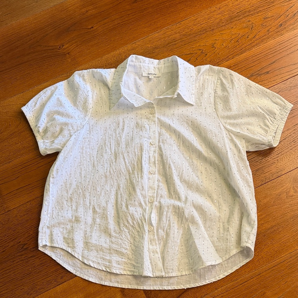 Splendid White Button Down Short Sleeve Withs Sparkle Dots Top - Picture 2 of 7
